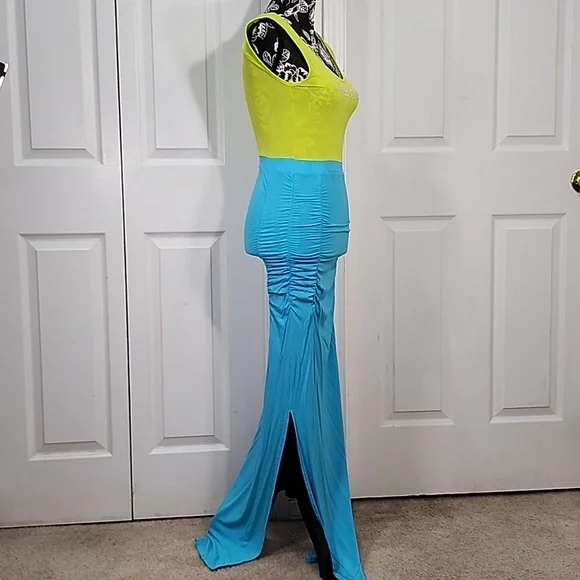 Bebe Neon Green And Teal Ruched Maxi Dress S - Picture 5 of 10